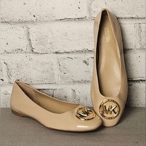 Michael Kors Fulton Nude Patent Leather Ballet Flats Gold MK Logo 6M